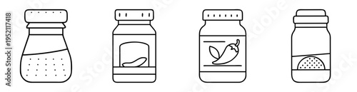 Four stylized spice jars containing pepper and dried chilies, black and white
