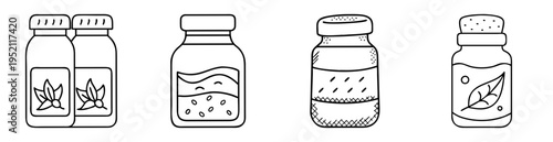 Collection of outline drawn glass jars and bottles filled with liquid