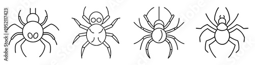 Black and white line art depicting a collection of cartoon spiders