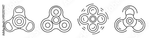 Fidget spinner set of four simple line drawings on white background