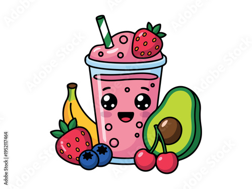An adorable kawaii strawberry smoothie character surrounded by fresh colorful healthy fruits