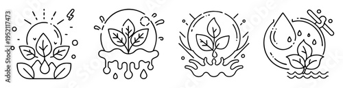 Minimalist line art design featuring sprouts, water, sunlight, and plant growth