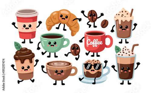 Adorable kawaii style coffee cups, pastries, and beans with smiling faces convey a cheerful coffee break