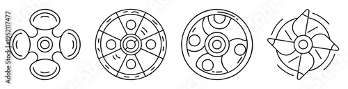 Illustration of four abstract fidget spinner designs in minimalist black and white style