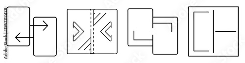 Four schematic diagrams showcasing interconnected components and directional flow, abstract representation