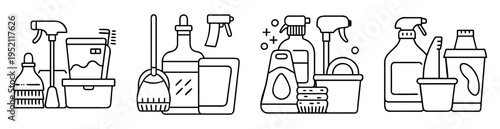 Outlined cleaning supply icons arranged in four separate product groups