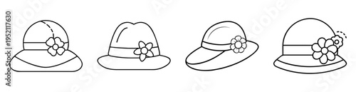 Set of vintage style outline sun hats decorated with flower accents