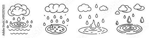 Cartoon set depicting different rain showers falling on water surface variations