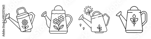 Outline drawing of four watering cans decorated with different floral designs