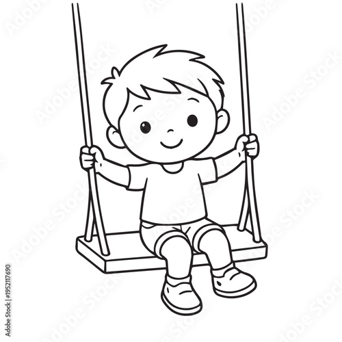 Minimalist vector illustration of a little boy enjoying a swing at the park, designed with simple shapes and soft style, showing fun, freedom, and playful childhood energy.