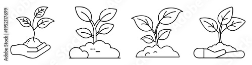 Various stages of plant growth in soil held in hand outline vector