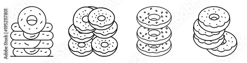 Outlined stacks of donuts with assorted toppings in black and white