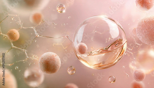 Obraz na płótnie A premium 3D illustration featuring floating rose gold serum droplets and textured pink molecules against a soft pastel background