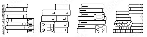 Stacks of retro video game consoles in black and white vector