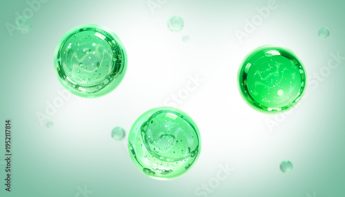 Tableau sur toile Abstract 3D rendering of floating green transparent gel bubbles or molecules in a bright environment