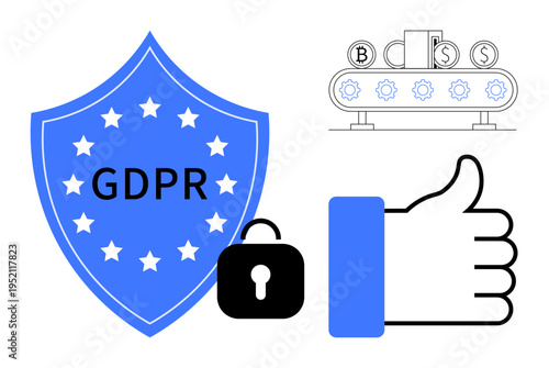 GDPR concept. GDPR regulation ensures data privacy and security compliance. GDPR impacts online data protection, cybersecurity, and cryptocurrency transactions. Use for legal, business, and tech