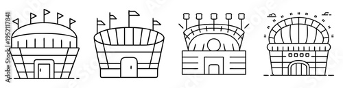 Line art illustration of four distinct stadiums with flags and domes