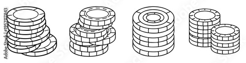 Multiple stacks of abstract geometric donut shapes with outlined segments in rows