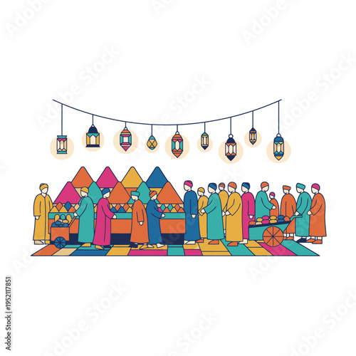 People gathered at a vibrant marketplace with lanterns.