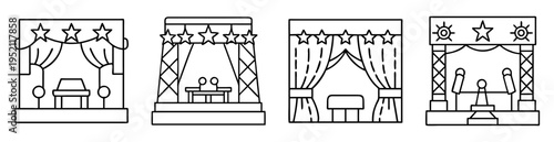 Four different stage designs with stars and curtains in a minimalist style