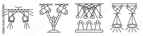 Set of stage lighting designs including spotlights and stage lighting truss
