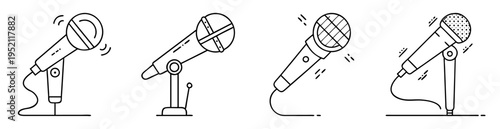 Various microphone styles in black and white vector line drawing illustration