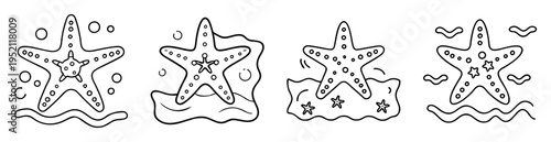 Four simple drawings of starfish in different beach related settings, line art