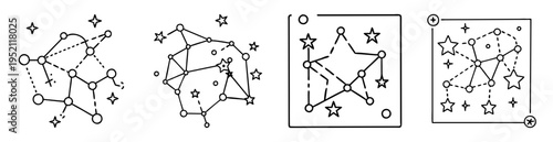 Four abstract constellations represented by circles, stars and lines on white backdrop