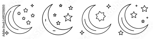 Collection of hand drawn style moon and stars illustrations in black outline