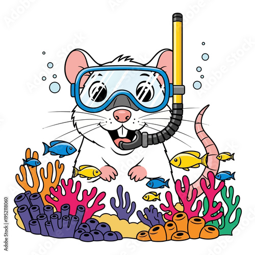 A cute cartoon white mouse wearing a snorkel and mask, exploring a vibrant coral reef with colorful fish swimming around it.