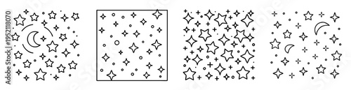 Four night sky patterns with stars, crescent moons, and dots in monochrome