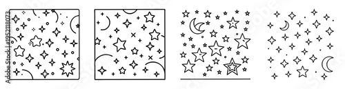 Four rectangular backgrounds filled with outlines of stars, moons and circles