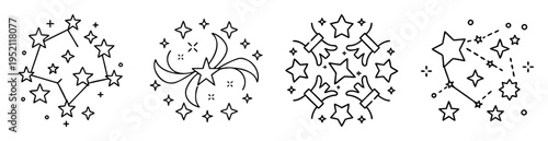Various star constellations, festive streamers, and celestial designs on a white background