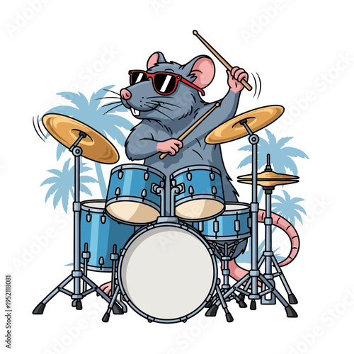 A cool cartoon rat wearing sunglasses enthusiastically playing a drum set with palm trees in the background.