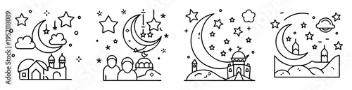 Four variations of Ramadan night scenes with mosques, crescent moons and stars