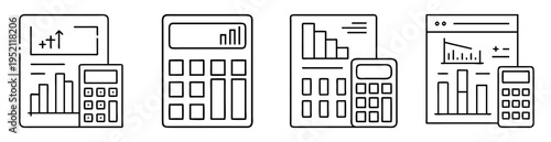 Set of line art icons representing financial analytics with calculators and graphs