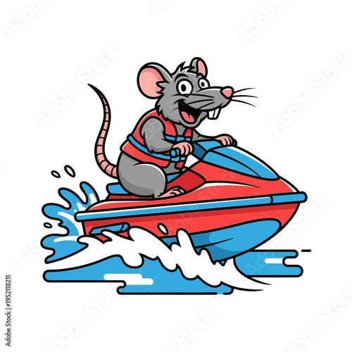 A cartoon gray mouse wearing a red life vest joyfully rides a red and blue jet ski through blue water with white splashes.
