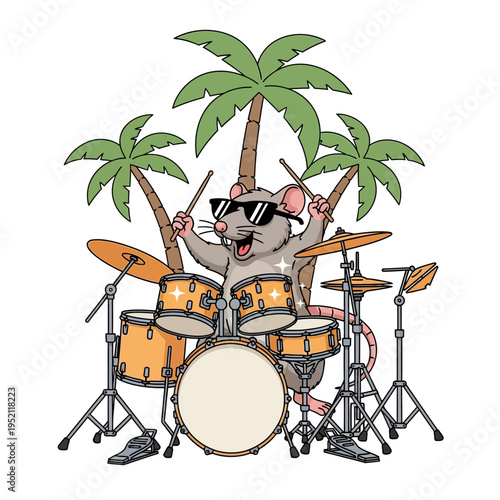 A cool cartoon rat wearing sunglasses plays a drum set on a tropical beach with palm trees.