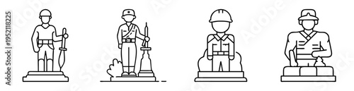 Collection of diverse worker line art icons standing on bases with head coverings