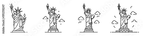 Line art illustrations of the Statue of Liberty in various weather conditions