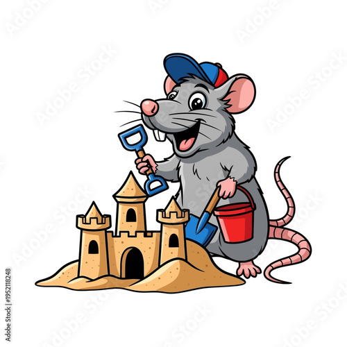 A cheerful cartoon mouse wearing a blue baseball cap, enthusiastically building a sandcastle on a sandy beach with a red bucket and blue shovel.