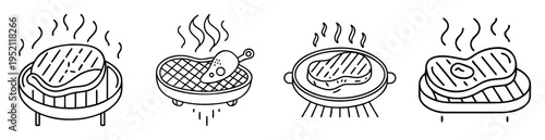 Four Steaks Cooking on Various Grills in Black and White Line Art