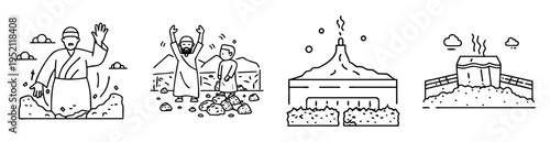 Four illustrations depicting figures amidst rising materials in black and white style