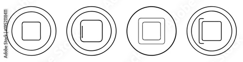 Four minimalist round elements, each encapsulating a uniquely styled square shape