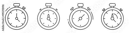 four variations of stop watches with different times line art illustration