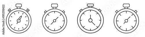 Four stopwatch illustrations showing different times and angles in black line art
