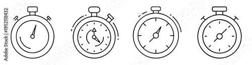 Set of four outline illustrations of classic stopwatches with slightly different designs