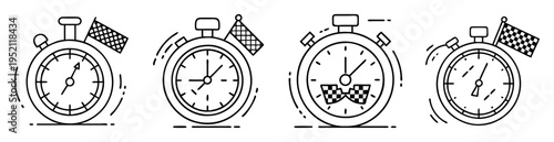 Four stopwatch icons with checkered flags illustrating time pressure for racers
