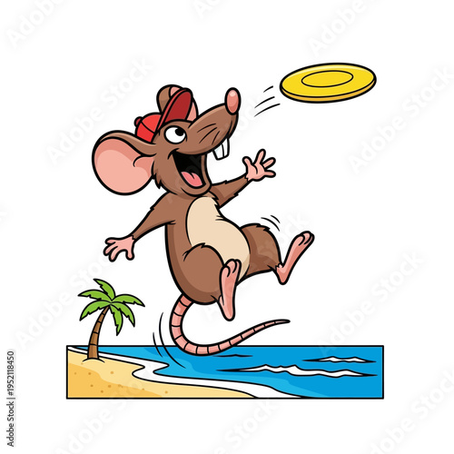 A cartoon brown mouse wearing a red baseball cap joyfully leaps in the air to catch a yellow frisbee on a tropical beach.