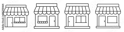 Stylized black and white line art of four different storefronts